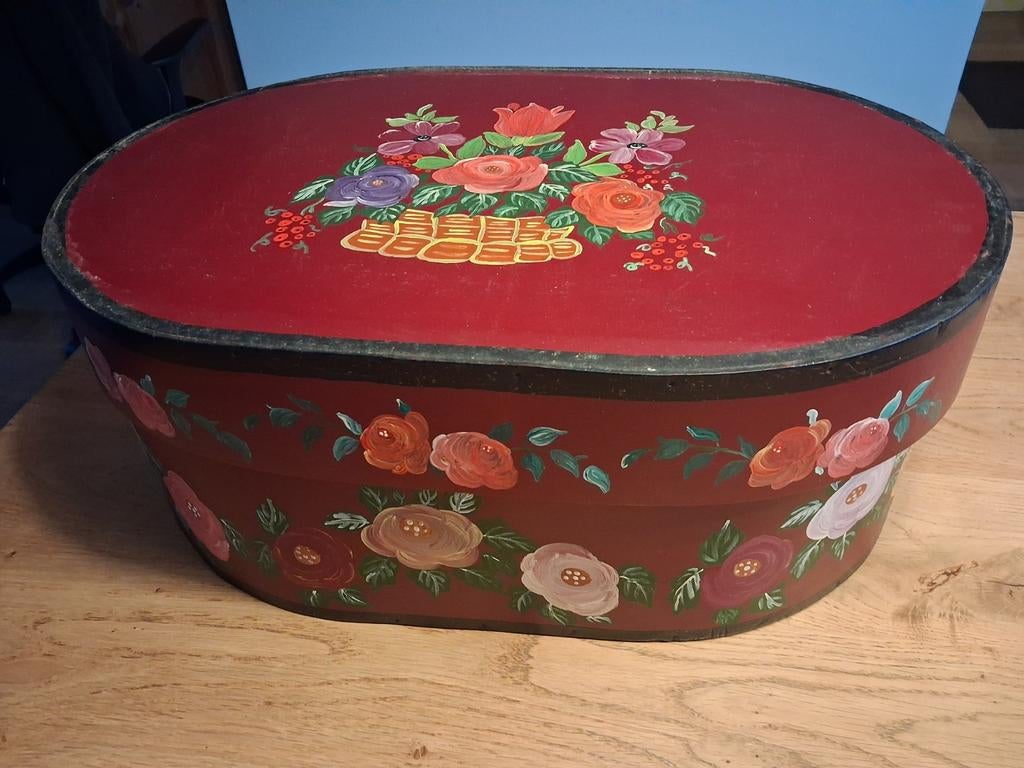 Ovale houten doos met bloemmotief, Antiek en Kunst, Ophalen of Verzenden