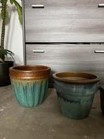 3 stenen bloempotten buiten (bruin - blauw/groen), 25 tot 40 cm, Rond, Ophalen of Verzenden, Zo goed als nieuw