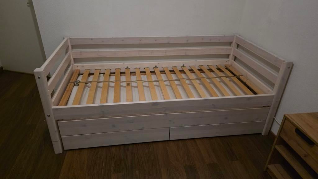 Flexa Classic bedbank (wit) met onderschuifbed en lades, Ophalen, Gebruikt, 90 cm, Eenpersoons