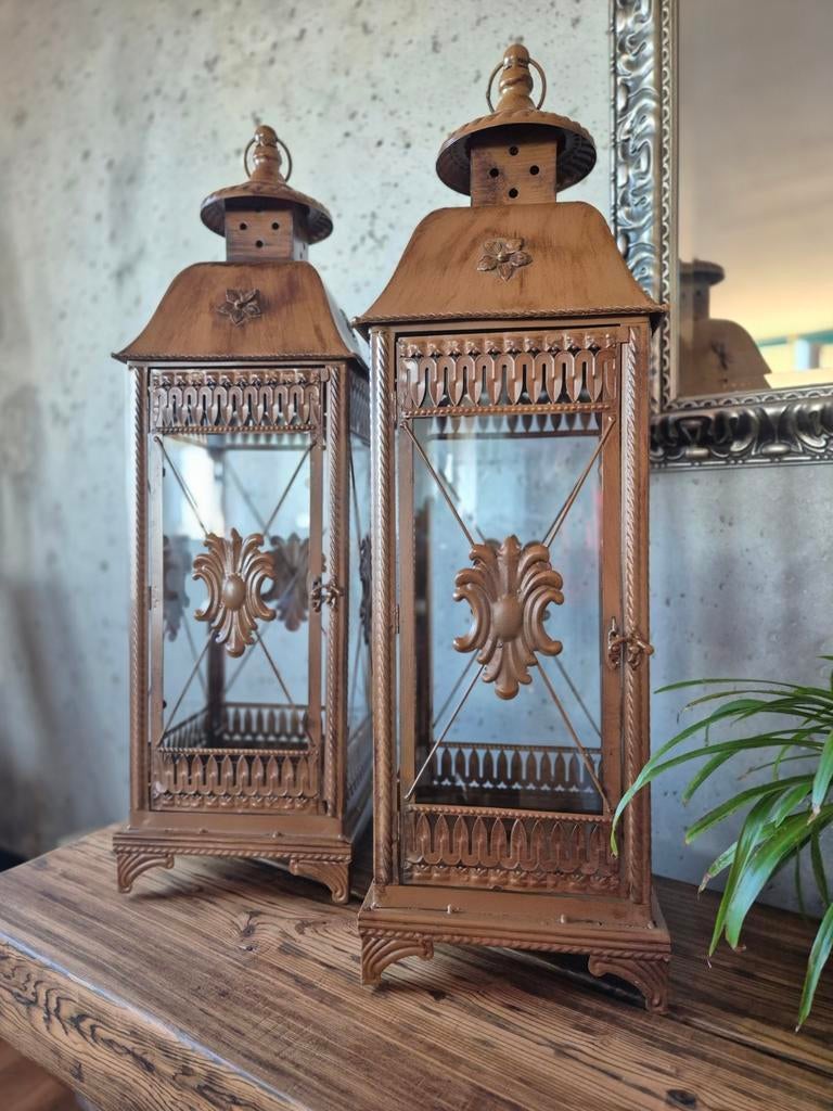 Set XL Windlichten (82 cm) – Brocante & Hotel Chique, Ophalen, Bruin, Zo goed als nieuw, Kandelaar