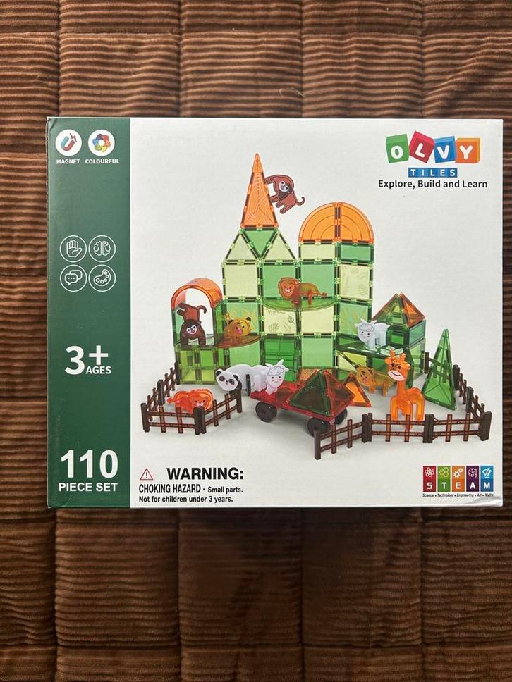 Olvy magnetische bouwstenen - 110 stuks - Jungle met dieren, Kinderen en Baby's, Speelgoed | Overig, Nieuw, Jongen of Meisje, Ophalen of Verzenden