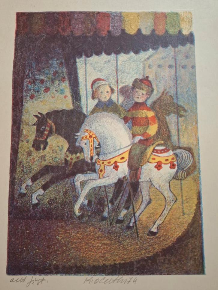 Litho Kermis - Kinderen op de draaimolen, Antiek en Kunst, Kunst | Litho's en Zeefdrukken, Ophalen of Verzenden