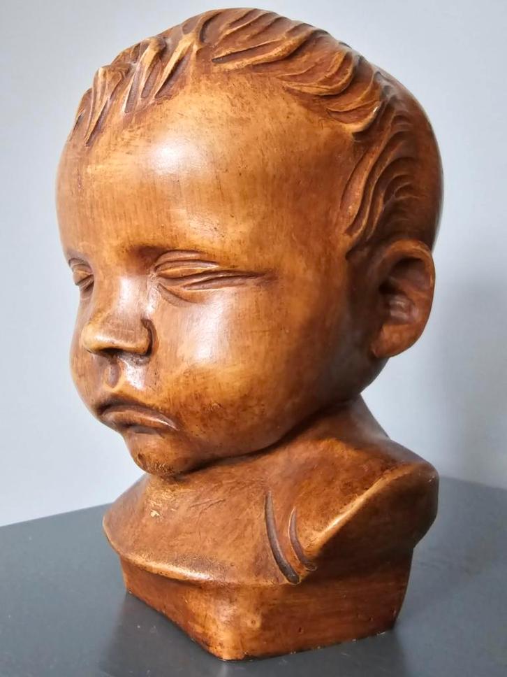 Antieke gemerkte buste van kinderhoofd gemaakt van Paridur, Antiek en Kunst, Kunst | Beelden en Houtsnijwerken, Ophalen of Verzenden