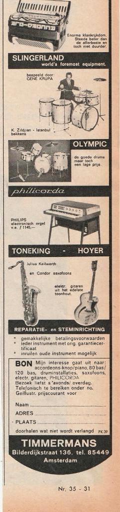 Retro reclame 1964 Timmermans Philicorda orgel, Verzamelen, Retro, Overige typen, Verzenden
