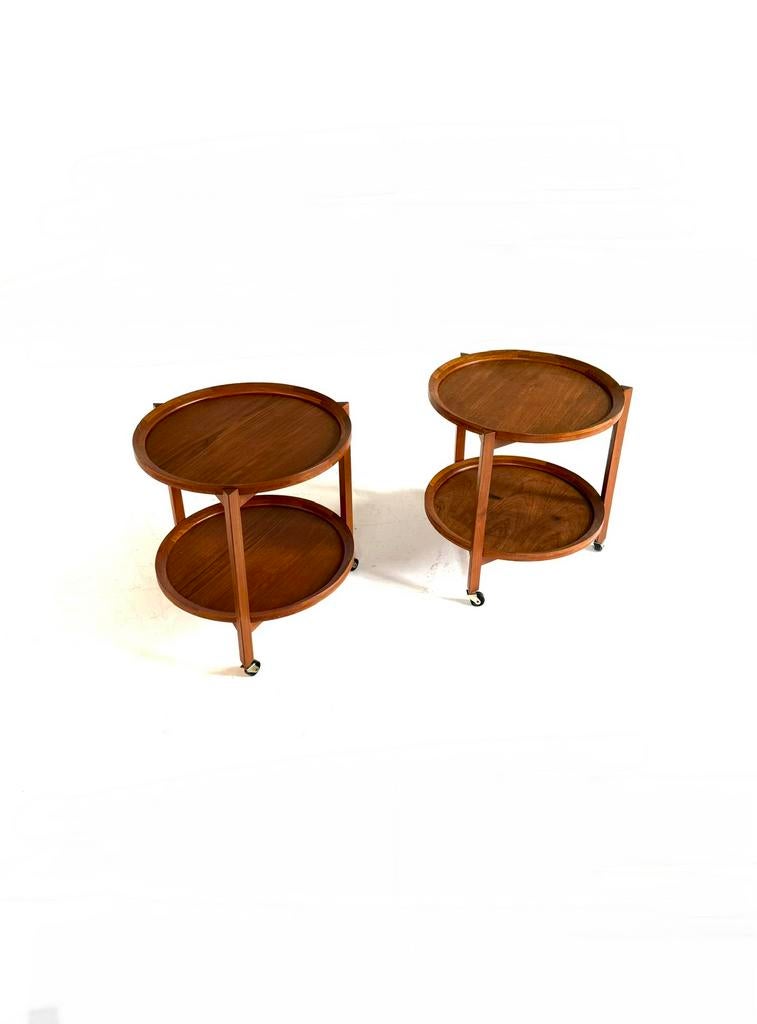 Set van 2 vintage teakhouten trolley’s, Sika Møbler ‘60, Minder dan 55 cm, Vintage retro buisframe design rotan webbing papercord deens