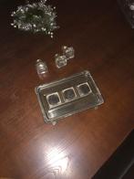 Vintage verzilverd bureau inktset met 3 glazen inktpotjes, Ophalen of Verzenden
