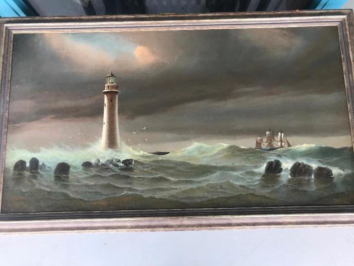 heinrich leitner 19 eeuw olieverf  vuurtoren duits maritiem, Antiek en Kunst, Kunst | Schilderijen | Klassiek, Ophalen of Verzenden