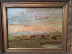 Schilderij melkende boer met koeien in ochtendgloren, Antiek en Kunst, Ophalen of Verzenden