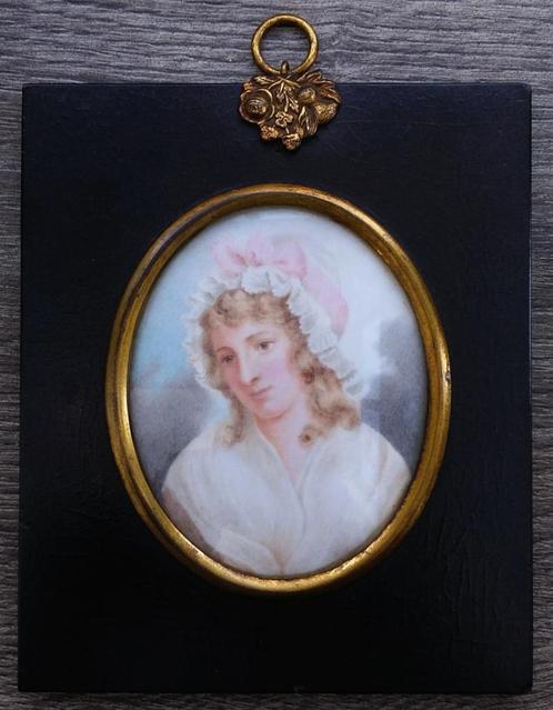 Om 1850 MINIATUUR MINI Schilderij Portret Dame Vrouw, Antiek en Kunst, Kunst | Schilderijen | Klassiek, Ophalen of Verzenden