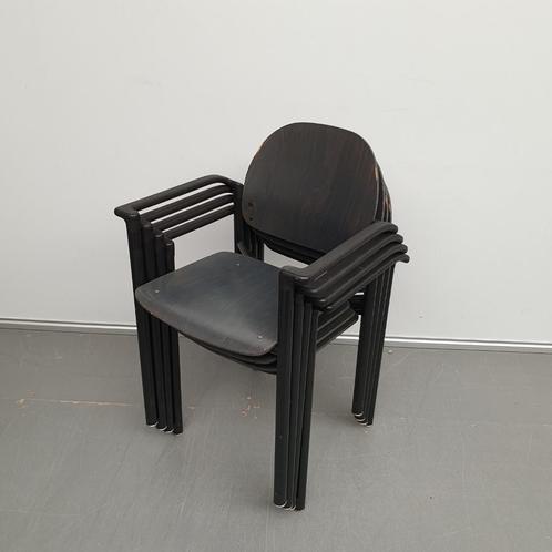 4x houten kantine stoelen / stapelstoelen met stalen frame, Huis en Inrichting, Stoelen, Gebruikt, Vier, Kunststof, Ophalen