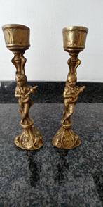 twee koperen kandelaars kaarsenhouders engeltjes 16,5 cm, Ophalen of Verzenden