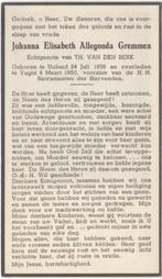 Johanna E. Gremmen 1886 Nuland + 1950 Vught, 63 jaar, Verzenden, Bidprentje