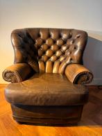 Chesterfield - Fauteuil - Bruin - Echt Leer, Ophalen of Verzenden, Gebruikt, 75 tot 100 cm, Leer