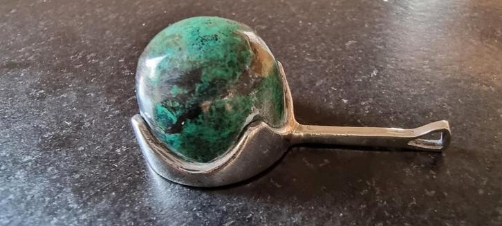 Zilveren hanger met cabochon geslepen chrysocolla?, Sieraden, Tassen en Uiterlijk, Kettinghangers, Zo goed als nieuw, Zilver, Zilver