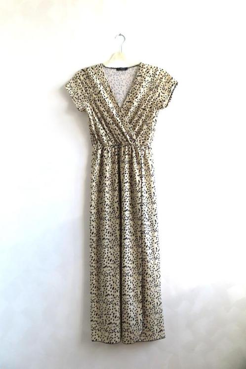 Jurk Beige Zwart Print Musthaves mt S / M (R49), Kleding | Dames, Jurken, Zo goed als nieuw, Maat 36 (S), Onder de knie, Ophalen of Verzenden