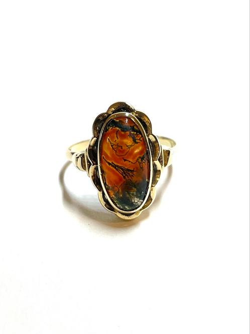 14k gouden ring met een mosagaat, Sieraden, Tassen en Uiterlijk, Ringen, Zo goed als nieuw, Dame, 17 tot 18, Goud, Goud, Met edelsteen