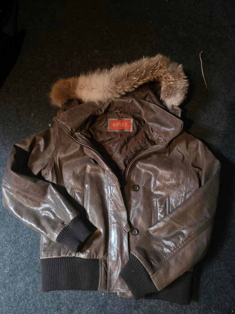 Lederen jas met bontkraag, Kleding | Dames, Maat 38/40 (M), Emac, Bruin, Ophalen of Verzenden