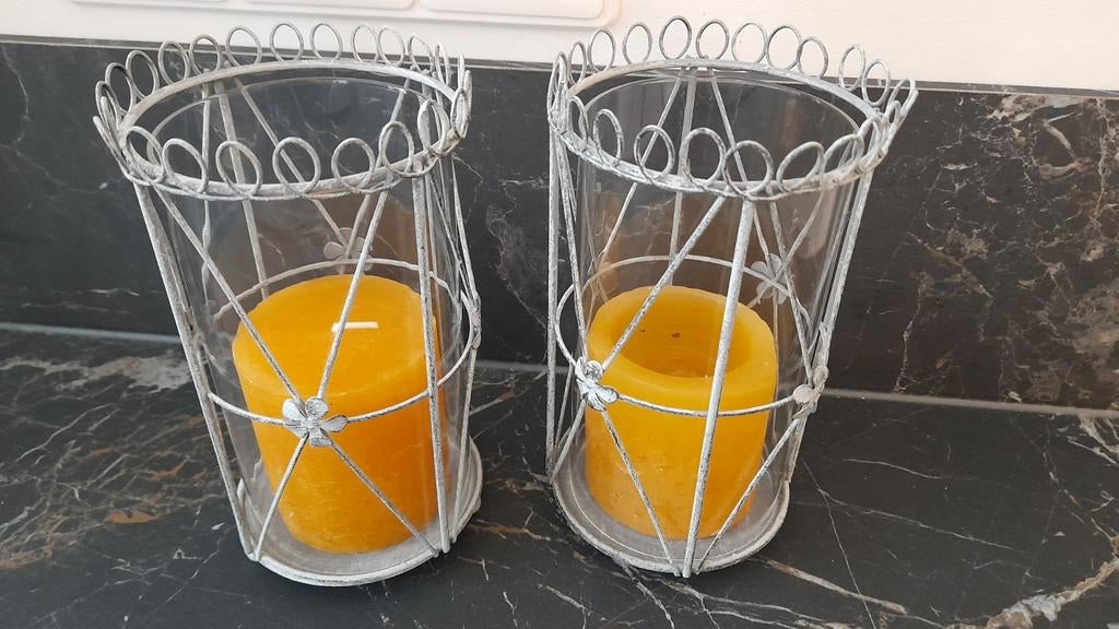 2 Windlichten, Ophalen of Verzenden, Zo goed als nieuw, Metaal, Grijs