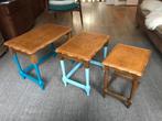 Vintage houten upcycled bijzettafels - 3 stuks, Ophalen, Minder dan 55 cm, Gebruikt, Rechthoekig