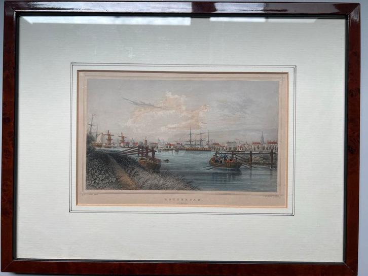 Oude ets/gravure van Rotterdam, ingelijst met certificaat., Antiek en Kunst, Kunst | Etsen en Gravures, Verzenden