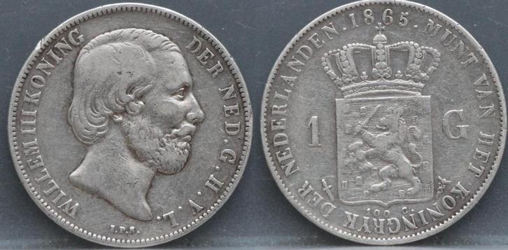 Zilveren 1 gulden 1865 - Willem 3, Postzegels en Munten, Munten | Nederland, Losse munt, 1 gulden, Koningin Wilhelmina, Zilver