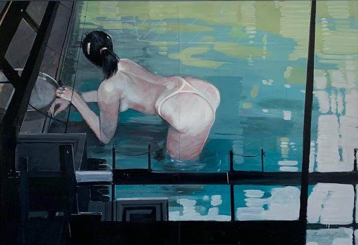 Serveerster in zwembad (Waitress in Pool) Steven Scheffer, Antiek en Kunst, Kunst | Schilderijen | Klassiek, Ophalen of Verzenden