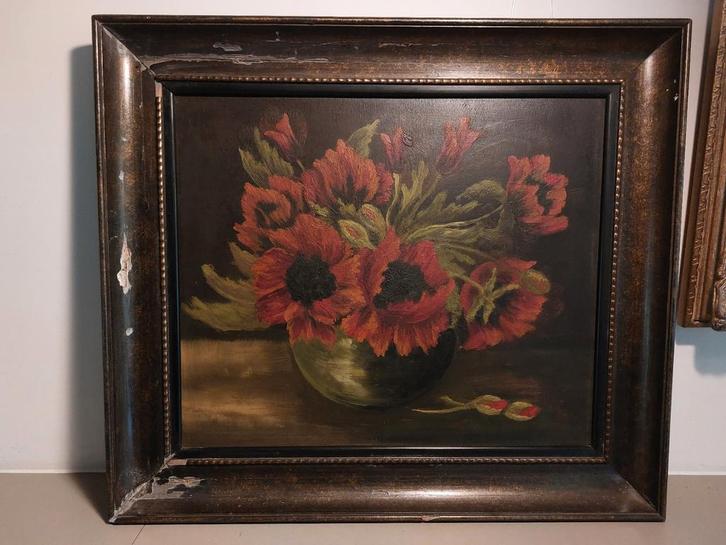 Olieverf bloemstilleven – Rode klaprozen in vaas – 5158 cm, Antiek en Kunst, Kunst | Schilderijen | Klassiek, Ophalen of Verzenden