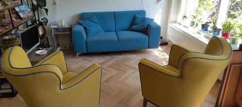 Zitmaxx, tweezits bank met twee fauteuils, Huis en Inrichting, Banken | Complete zithoeken, Gebruikt, Hout, Metaal, Stof, Ophalen
