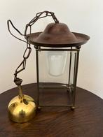 Brocante koper/messing hanglampje met geslepen glas, Antiek en Kunst, Ophalen