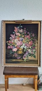 Groot vintage borduurwerk bloemen – met sierlijst en lamp, Ophalen, Zo goed als nieuw, Overige typen