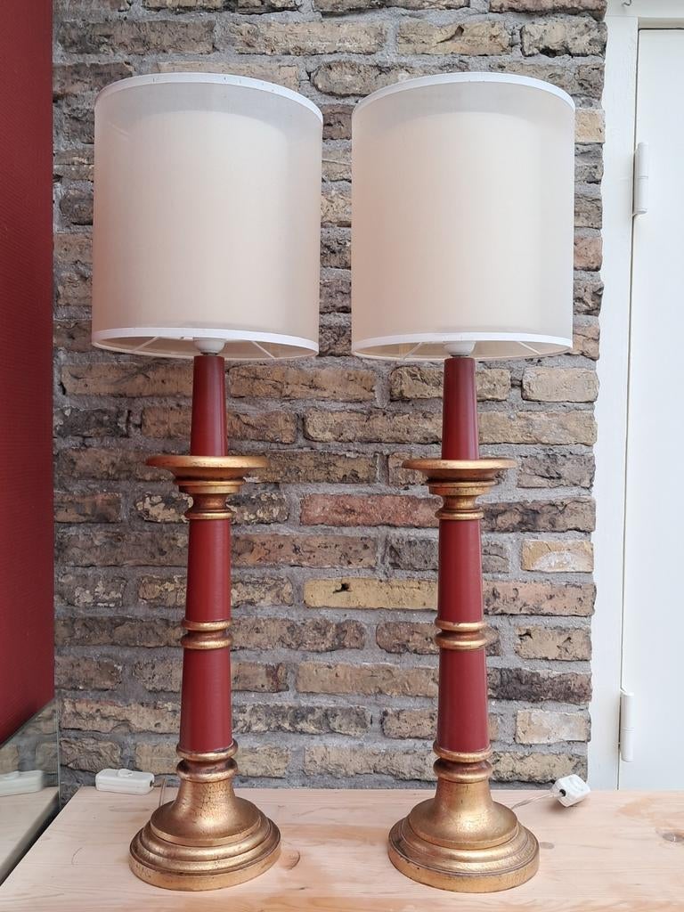 Set stijlvolle schemerlampen met rood-gouden voet, Ophalen, Gebruikt, Klassiek, 75 cm of meer