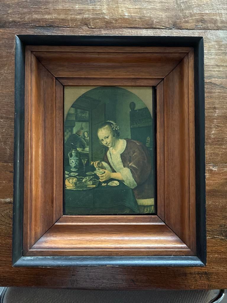 Schilderij repro ‘het oestereetertje’ vsn jan steen, Antiek en Kunst, Ophalen of Verzenden