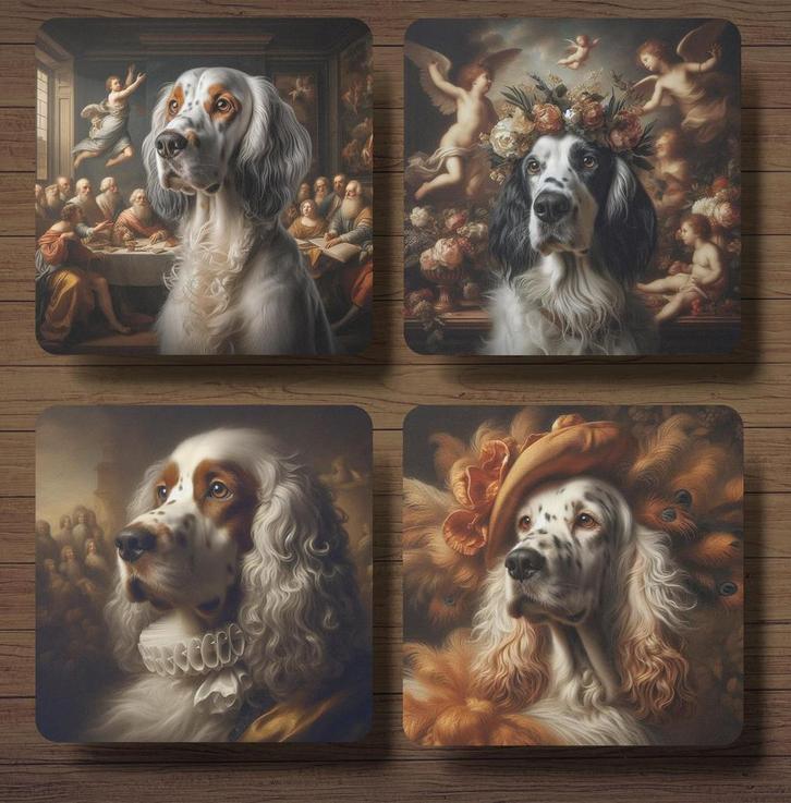 Engelse Setter Barok onderzetters met houder, Huis en Inrichting, Woonaccessoires | Onderzetters, Nieuw, Glas of Kopje, Verzenden