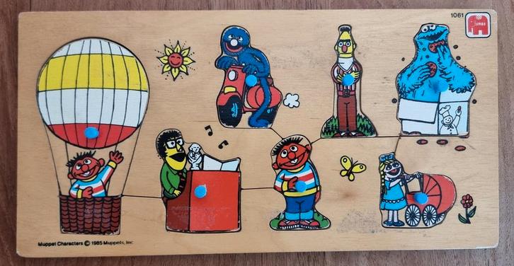 Vintage houten Sesamstraat knopjespuzzel -Frankrijk - IZGST, Kinderen en Baby's, Speelgoed | Kinderpuzzels, Zo goed als nieuw