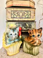 Oude Franse spaarpot, tirelire, poes in mandje, keramiek kat, Ophalen of Verzenden
