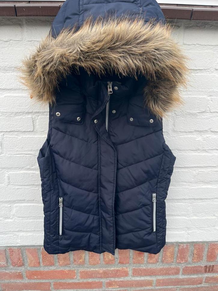 H&M L.O.G.G. gewatteerde bodywarmer jas bontkraag maat 36, Kleding | Dames, Jassen | Winter, Zo goed als nieuw, Maat 36 (S), Blauw