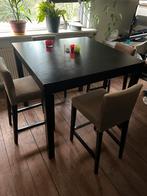 Vierkanten houten eettafel met 4 stoffen krukken., Huis en Inrichting, Tafels | Eettafels, Ophalen, Gebruikt, Vierkant, Vier personen