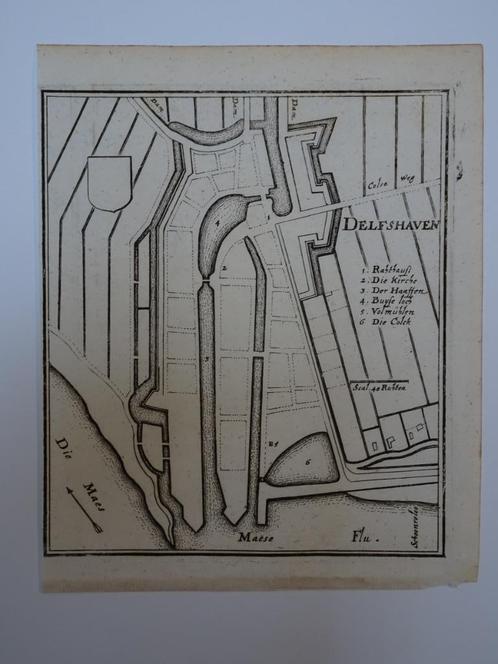 gravure plattegrond Delfshaven, Rotterdam C. Merian, 1670, Antiek en Kunst, Kunst | Etsen en Gravures, Verzenden