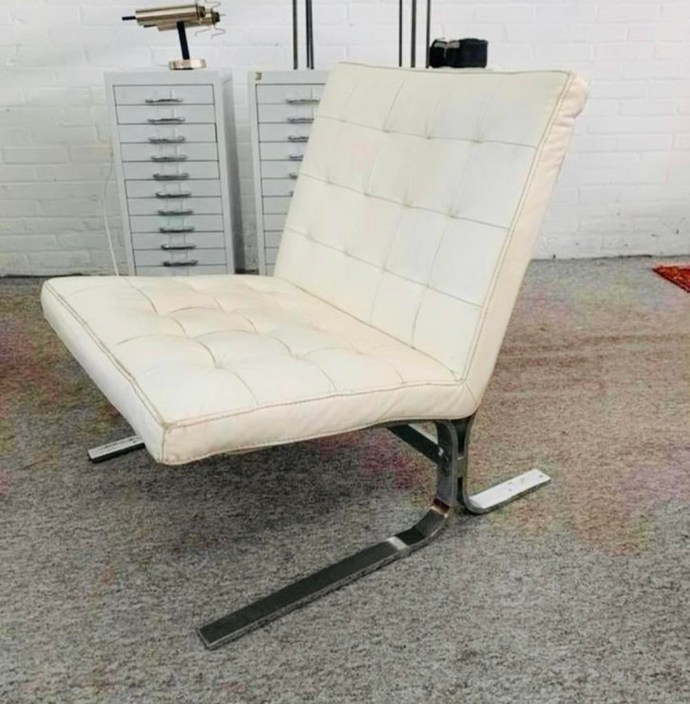 Fauteuil wit leren Italiaanse Barcelona stijl Chair jaren 60, Huis en Inrichting, Fauteuils, Ophalen of Verzenden