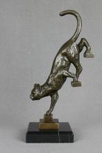 Bronzen Kat Beeld Poes Kunst Kater Art Deco stijl met marmer, Verzenden