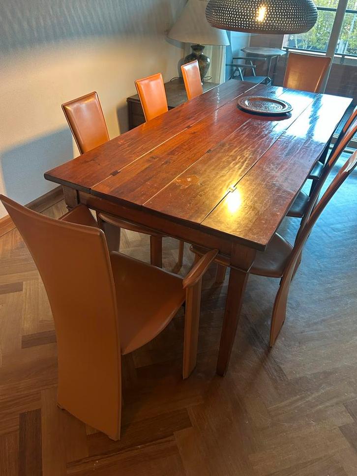 Teakhouten Eettafel met 8 lederen Stoelen, Huis en Inrichting, Tafels | Eettafels, Gebruikt, 100 tot 150 cm, 150 tot 200 cm, Vijf personen of meer