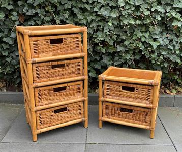 2 Vintage Rotan Bamboe Lade-Kastje Nachtkasje Landelijk Boho beschikbaar voor biedingen
