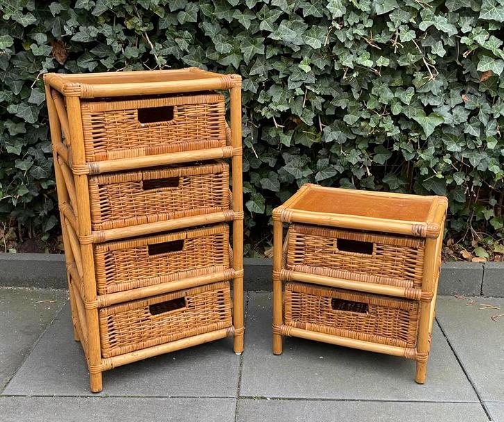 2 Vintage Rotan Bamboe Lade-Kastje Nachtkasje Landelijk Boho, Huis en Inrichting, Kasten | Dressoirs, Zo goed als nieuw, Minder dan 50 cm