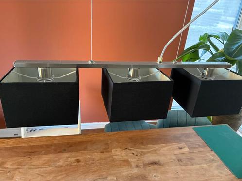 Hanglamp met 3 antraciet kappen, Huis en Inrichting, Lampen | Hanglampen, Zo goed als nieuw, 75 cm of meer, Metaal, Stof, Ophalen