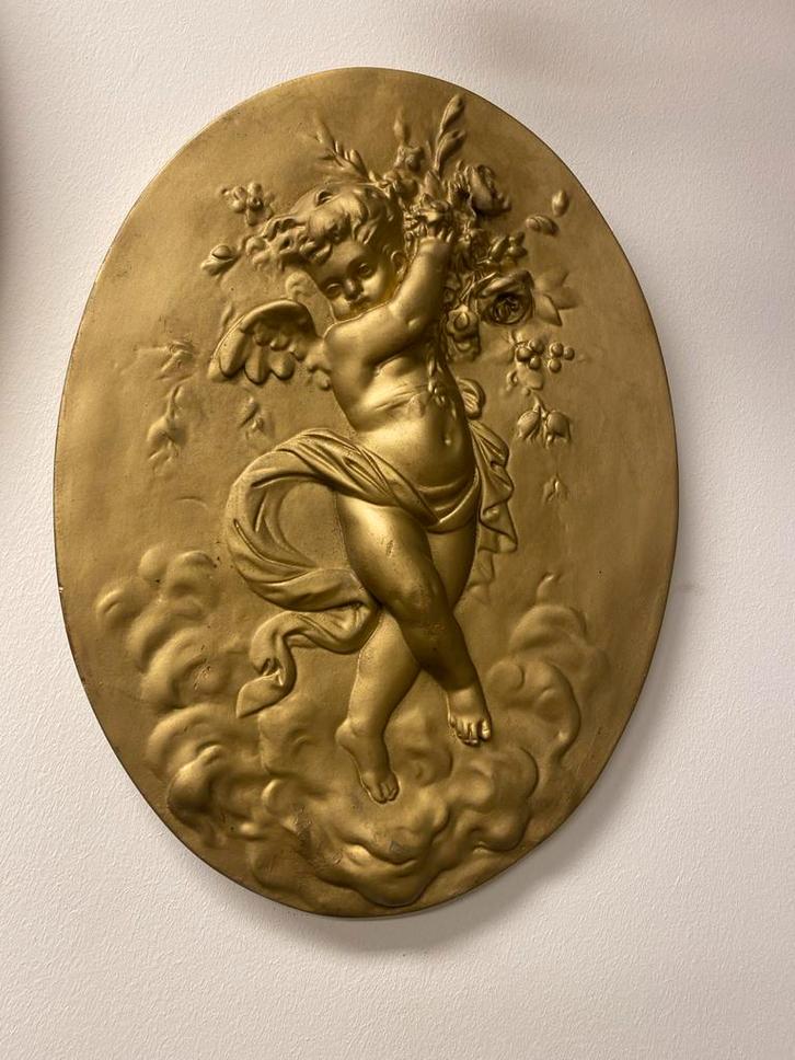 Gouden Wanddecoratie met Engel, Antiek en Kunst, Kunst | Beelden en Houtsnijwerken, Ophalen of Verzenden