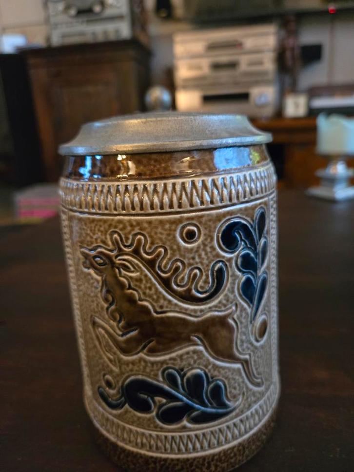 Vintage Bierpul met Tinnen Deksel - Hert Motief, Antiek en Kunst, Antiek | Keramiek en Aardewerk, Ophalen of Verzenden