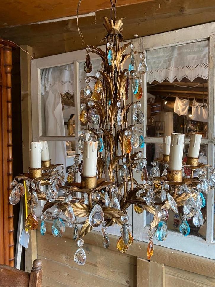 Italiaanse kroonluchter hanglamp gekleurde pegels, Antiek en Kunst, Antiek | Lampen, Ophalen