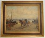 Schilderij tafereel met Rotterdamse haven en paardenkar., Ophalen of Verzenden