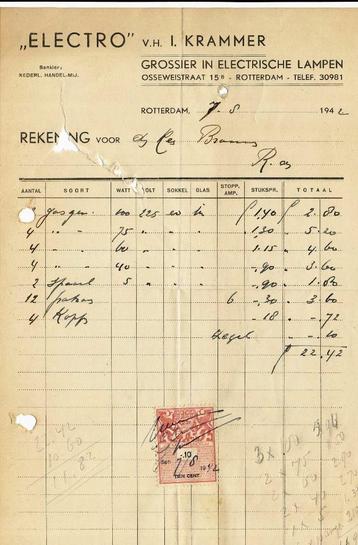 Declaratie van: Electro Rotterdam 1942 met 10c Fiscaalzegel beschikbaar voor biedingen