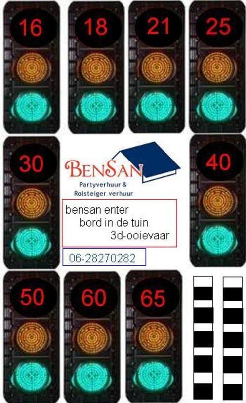 16 18 21 25 30 40 50 60 65 jaar stoplicht huren BenSan Enter, Hobby en Vrije tijd, Feestartikelen | Verhuur, Zo goed als nieuw